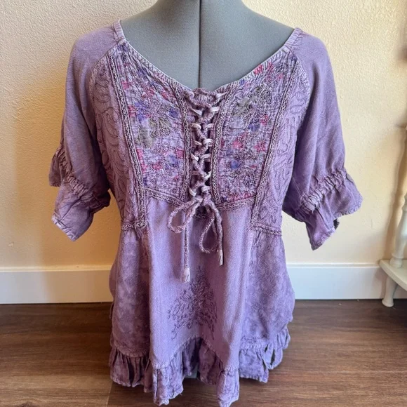 Papa Vancouver Purple Lace Flowy Top Fairycore Boho Romantic Embroidered Blouse - Picture 2 of 12